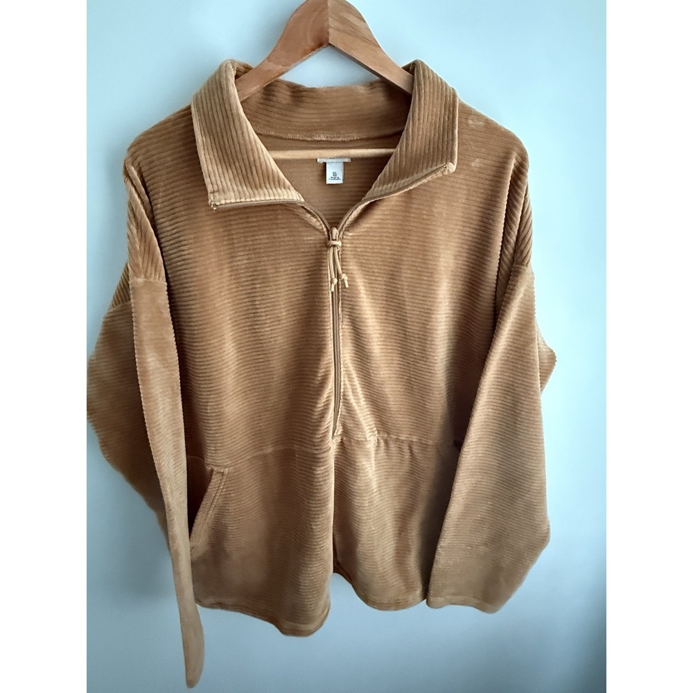 LL Bean Sweater Women Medium Gold Soft Stretch Corduroy Pullover Half-Zip